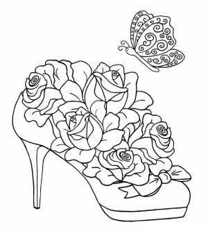 Ayakkabı boyama sayfası,  coloring page, Gül tomurcukları kadın ayakkabılarını süslüyor., 