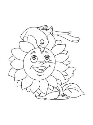 Ayçiçeği boyama sayfası,  coloring page, Kuş ayçiçeğindeki tohumları gagalamaya çalışıyor., 