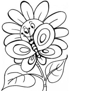 Ayçiçeği boyama sayfası,  coloring page, Kelebek varlığıyla sarı bir çiçeği memnun eder, 