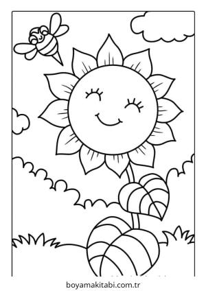 Ayçiçeği boyama sayfası – çizgi film temalı, basit çizim