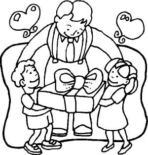 Baba ve Oğul boyama sayfası,  coloring page, Baba iki çocuğa bir Hediye Kutusu Verir, 