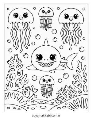 Baby Shark boyama sayfası – sevimli karakter, sanatsal çalışma