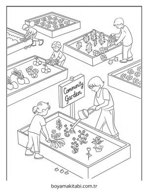 Bahçe boyama sayfası – çizgi film temalı, basit çizim