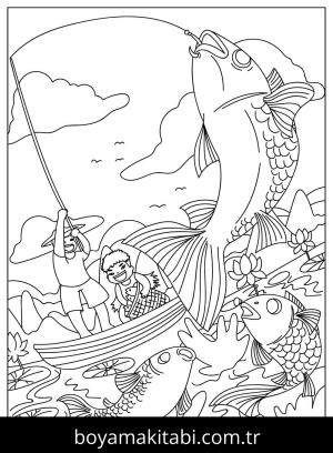 Balık Tutma boyama sayfası,  coloring page, , Father And Son Caught A Big Fish