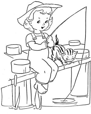 Balık Tutma boyama sayfası,  coloring page, Kedi ile Balık Tutma Küçük Kız, 