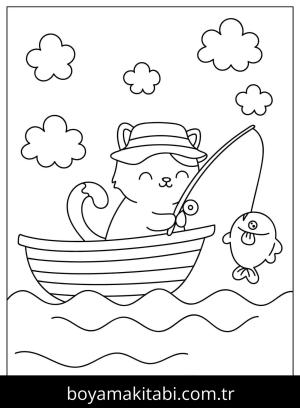 Balık Tutma boyama sayfası,  coloring page, , Cute Cat Fishing In The Sea On Boat