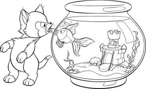 Balık boyama sayfası,  coloring page, Kedi ve balık, 