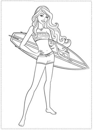 Barbie boyama sayfası, Barbie coloring page, Sahilde bir sörf Tahtası Tutan Barbie, 