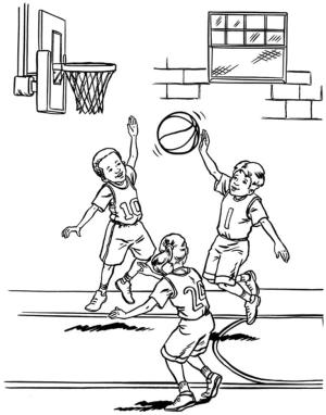 Basketbol boyama sayfası,  coloring page, basketbol oynayan 3 çocuk, 