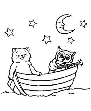 Baykuş boyama sayfası,  coloring page, Kedi ve baykuş bir teknede, 