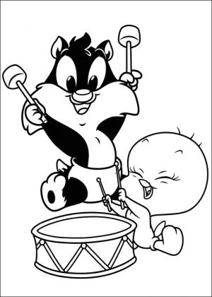 Bebek Looney Şarkıları boyama sayfası,  coloring page, Bebek Sylvester ve Tweety Davul Çalıyor, 