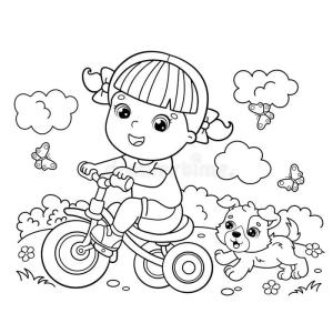 Bisiklete Binme boyama sayfası,  coloring page, Kız ve Köpek üstünde üstünde Bisiklet, 