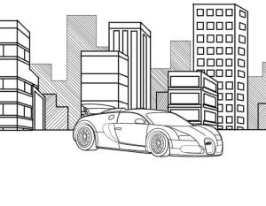 Bugatti boyama sayfası,  coloring page, Şehrin arka planında Bugatti, 