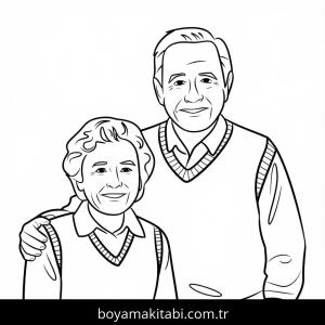 Büyükanne ve Büyükbaba boyama sayfası – sevimli karakter, sanatsal çalışma