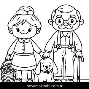 Büyükanne ve Büyükbaba boyama sayfası – çocuklar için, çizgi film temalı