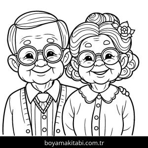 Büyükanne ve Büyükbaba boyama sayfası – PDF indir, sevimli karakter