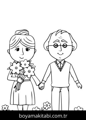 Büyükanne ve Büyükbaba boyama sayfası – çizgi film temalı, basit çizim