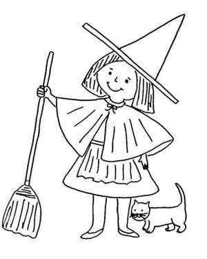 Cadı boyama sayfası,  coloring page, Kedi ile Gülümseyen Cadı, 