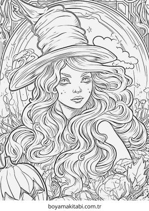 Cadı boyama sayfası – çizgi film temalı, basit çizim