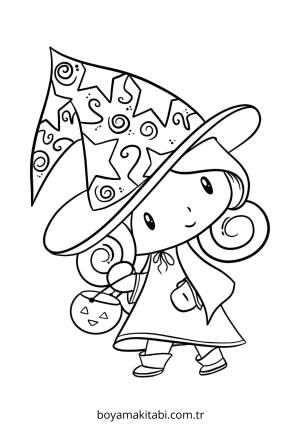 Cadı boyama sayfası – çizgi film temalı, basit çizim