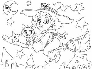 Cadı boyama sayfası,  coloring page, Yıldız ile Süpürge üzerinde Cadı ve Kedi, 