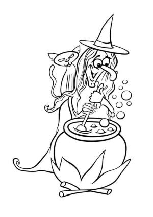 Cadı boyama sayfası,  coloring page, Kedi ile Karikatür Cadı, 