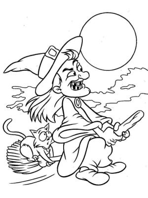 Cadı boyama sayfası,  coloring page, Bir Süpürge üzerinde Korkunç Cadı ve Kedi, 