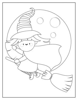 Cadı boyama sayfası,  coloring page, Bir Süpürge üzerinde Kawaii Cadı, 