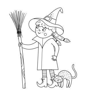 Cadı boyama sayfası,  coloring page, Süpürge ve Kedi ile Karikatür Cadı, 