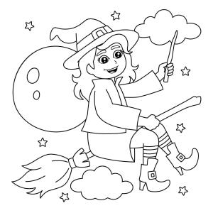 Cadı boyama sayfası,  coloring page, Bir Süpürge üzerinde Eğlenceli Cadı Kız, 