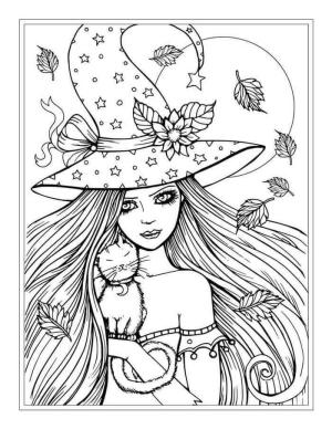 Cadı boyama sayfası,  coloring page, Yaprakları ile Cadı Portresi, 