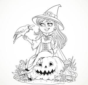 Cadı boyama sayfası,  coloring page, Halloween Gülümseyen Cadı ve Karga, 