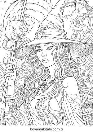 Cadı boyama sayfası – çocuk aktivitesi, PDF indir