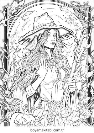 Cadı boyama sayfası – eğlenceli etkinlik, el becerilerini geliştirir