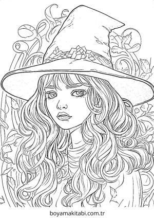 Cadı boyama sayfası – çocuk aktivitesi, PDF indir