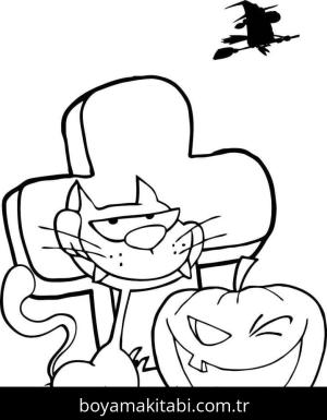 Cadılar Bayramı Kedisi boyama sayfası – çizgi film temalı, basit çizim