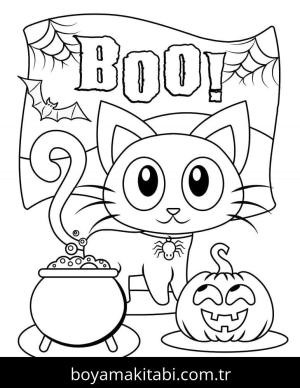 Cadılar Bayramı Kedisi boyama sayfası – eğlenceli etkinlik, el becerilerini geliştirir