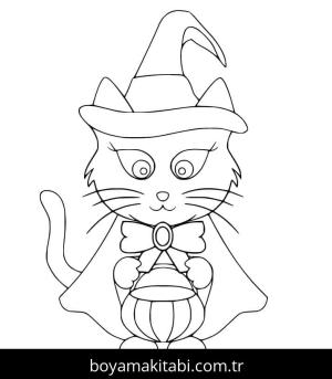 Cadılar Bayramı Kedisi boyama sayfası – çocuk aktivitesi, PDF indir
