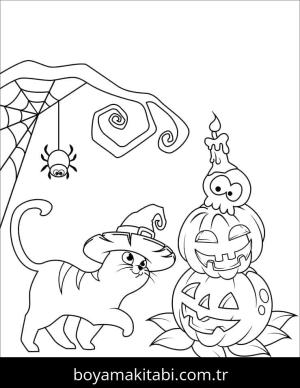 Cadılar Bayramı Kedisi boyama sayfası – keyifli zaman, renkli çizimler
