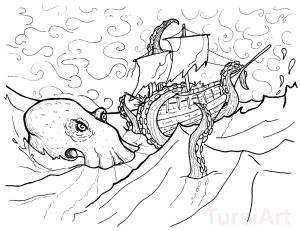 Canavar boyama sayfası,  coloring page, Gemiye Saldıran Kraken, 