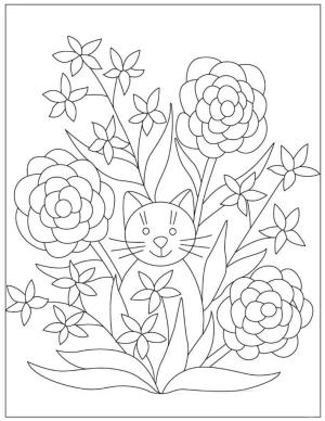 Çiçek boyama sayfası, Flower coloring page, Çiçek Çalısındaki Kedi, 