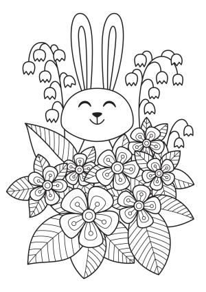 Çiçek boyama sayfası, Flower coloring page, Çiçek Çalısındaki Tavşan, 