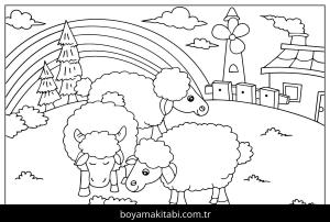 Çiftlik boyama sayfası,  coloring page, , Sheep Grazing On The Farm