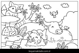 Çiftlik boyama sayfası,  coloring page, , Animal With Fox Buffalo Wild Boar Crab Hedgehog And Bird