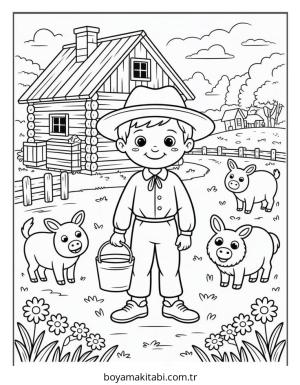 Çiftlik boyama sayfası – PDF indir, sevimli karakter