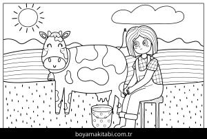 Çiftlik boyama sayfası,  coloring page, , Girl Milking Cow