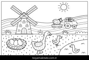 Çiftlik boyama sayfası,  coloring page, , Ducks In The Field On The Farm