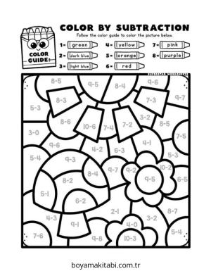 Çıkarma Yöntemiyle Renklendirme boyama sayfası – çocuklar için, çizgi film temalı