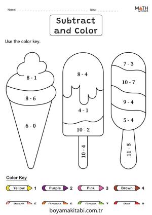 Çıkarma Yöntemiyle Renklendirme boyama sayfası – çocuk aktivitesi, PDF indir