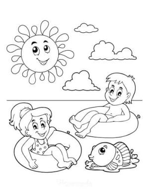 Çocuklar boyama sayfası,  coloring page, Sahilde Yüzme İki Çocuk, 